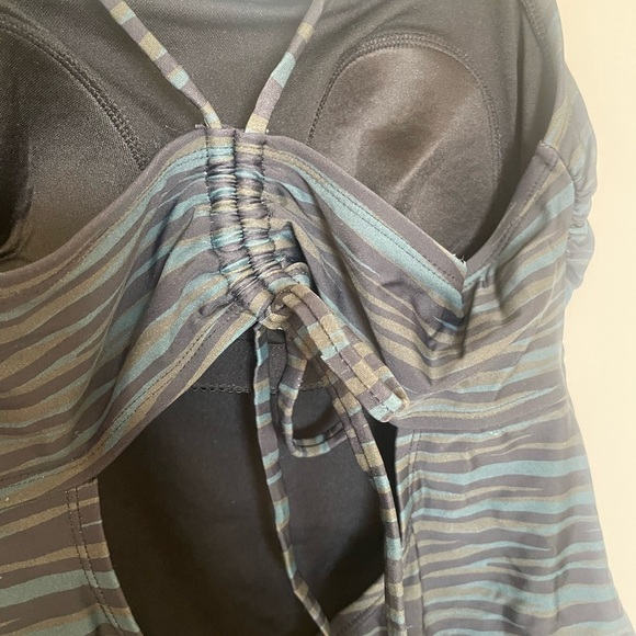 Kona Sol straight neck cinched back blue, green and black pattern one piece | L - Picture 7 of 10